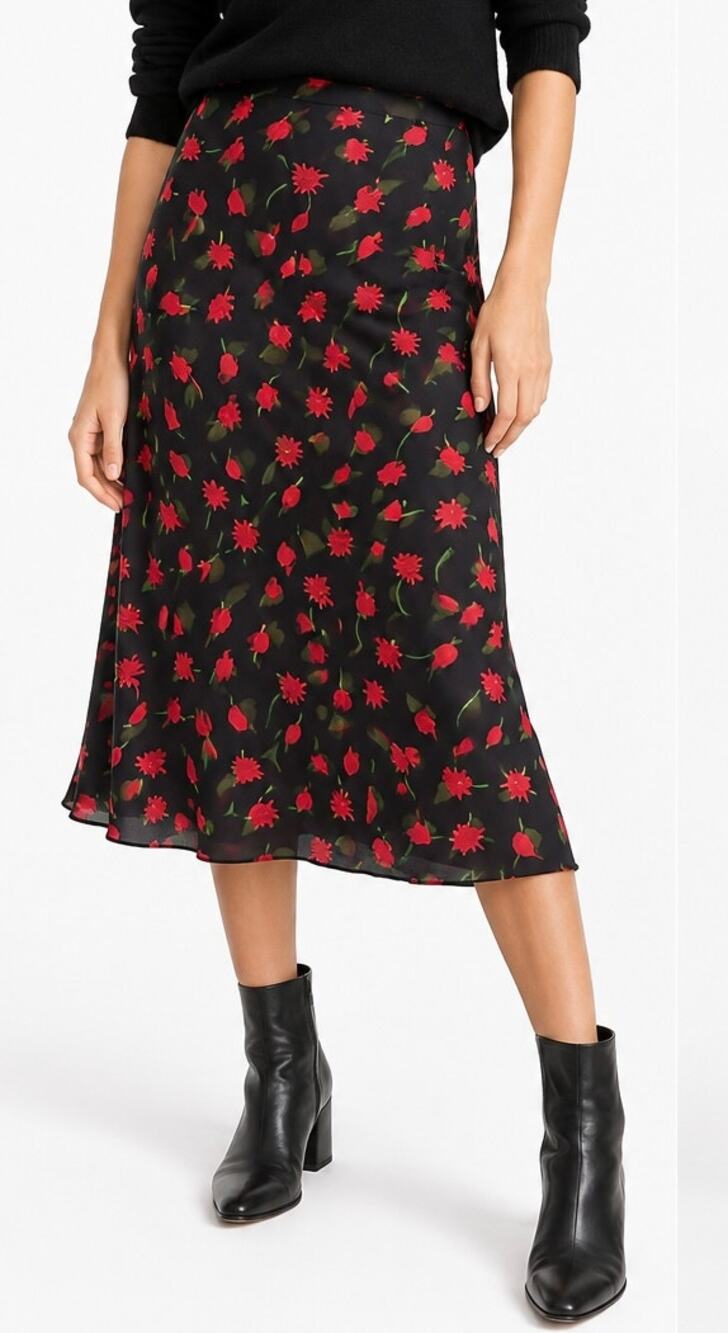 J. Crew Chiffon Slip Skirt in Painted Daisy Print Black Red CL117 Size S